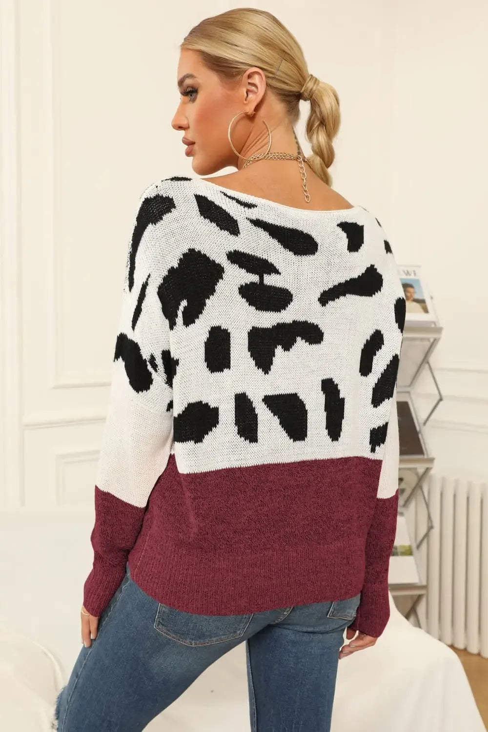 Full Size Two-Tone Boat Neck Sweater - Plush Fashion Hub