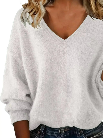 Full Size V-Neck Dropped Shoulder Sweater Plus Size - Plush Fashion Hub