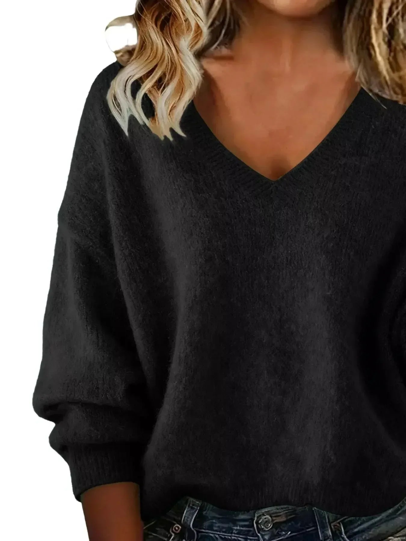 Full Size V-Neck Dropped Shoulder Sweater Plus Size - Plush Fashion Hub