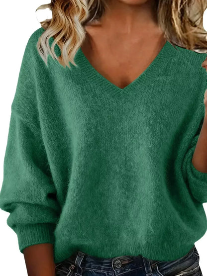 Full Size V-Neck Dropped Shoulder Sweater Plus Size - Plush Fashion Hub