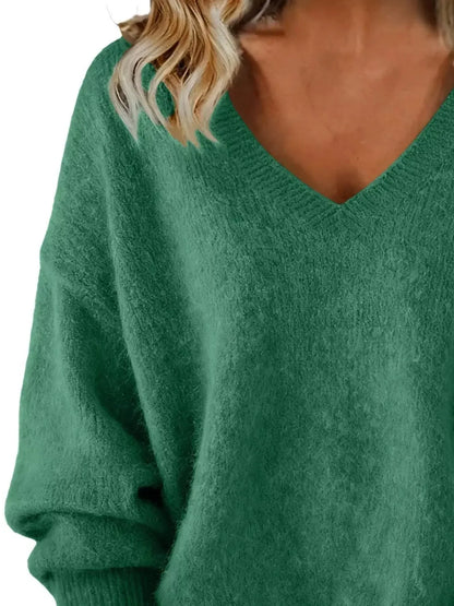 Full Size V-Neck Dropped Shoulder Sweater Plus Size - Plush Fashion Hub