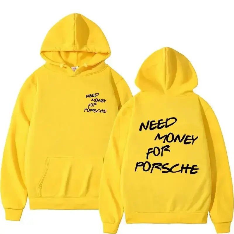 Unisex plush fashion hoodie with a funny "Need Money" letter print graphic, casual streetwear style.