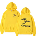 Unisex plush fashion hoodie with a funny "Need Money" letter print graphic, casual streetwear style.
