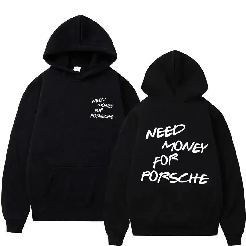 Unisex streetwear hoodie with a humorous "Need Money" graphic print, casual pullover style from Plush Fashion Hub.