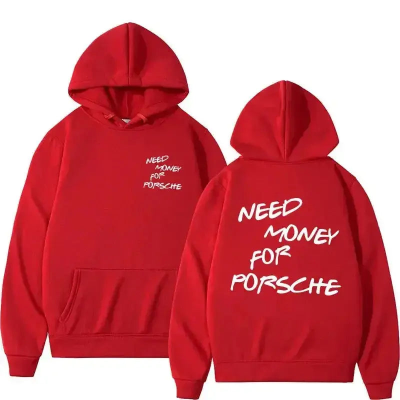 Unisex plush fashion hoodie with funny "Need Money" graphic print, casual streetwear style, featuring bold letter design.
