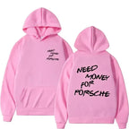 Unisex streetwear hoodie with a funny "Need Money" graphic print in bold letters, casual pullover by Plush Fashion Hub.