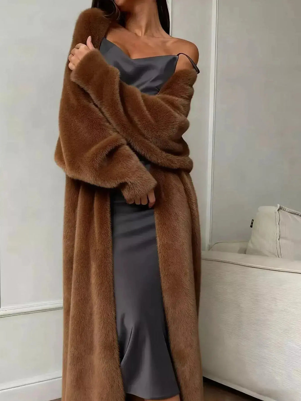 Women's fuzzy open front longline cardigan by Plush Fashion Hub, soft cozy knit sweater with a relaxed fit and open front design.