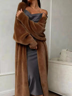 Women's fuzzy open front longline cardigan by Plush Fashion Hub, soft cozy knit sweater with a relaxed fit and open front design.