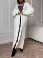 Soft fuzzy open front longline cardigan for women by Plush Fashion Hub, cozy knit sweater with a relaxed fit and draped style.