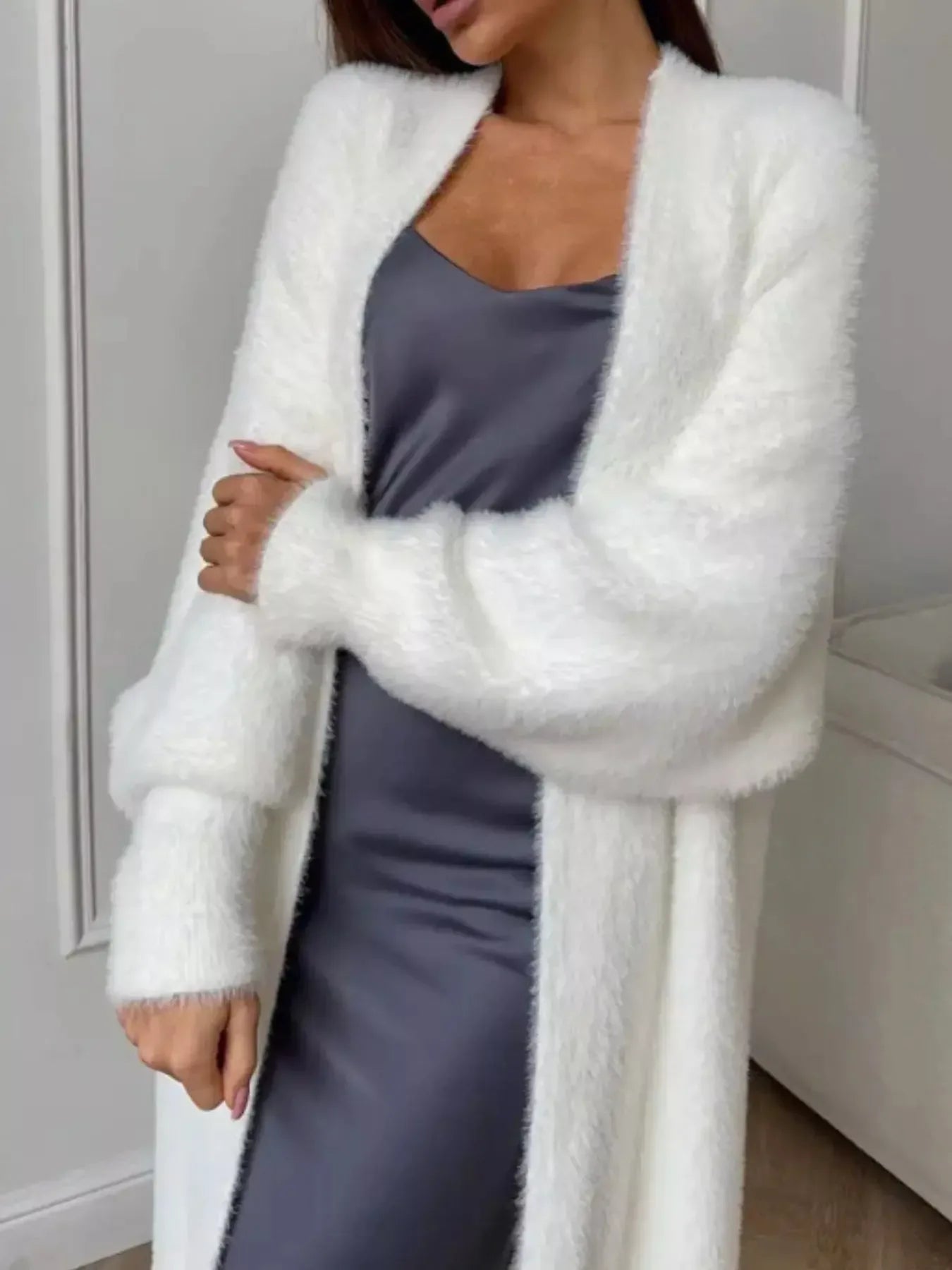 Fuzzy Open Front Longline Cardigan - Plush Fashion Hub