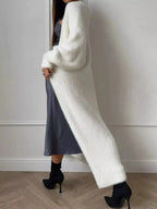 Women's fuzzy open front longline cardigan in soft cozy knit, featuring a relaxed fit and plush comfort by Plush Fashion Hub.