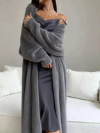Women's fuzzy open-front longline cardigan by Plush Fashion Hub, soft cozy knit sweater with a relaxed fit and open front design.