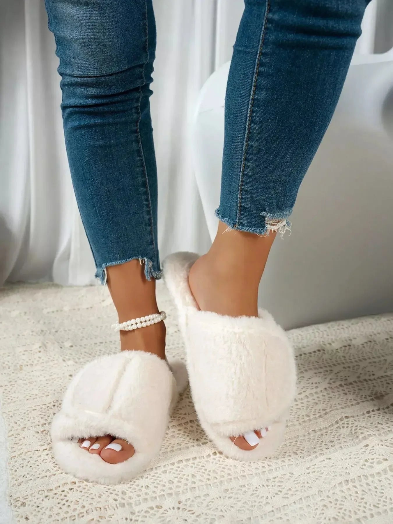 Fuzzy Open Toe Flats Slippers - Plush Fashion Hub