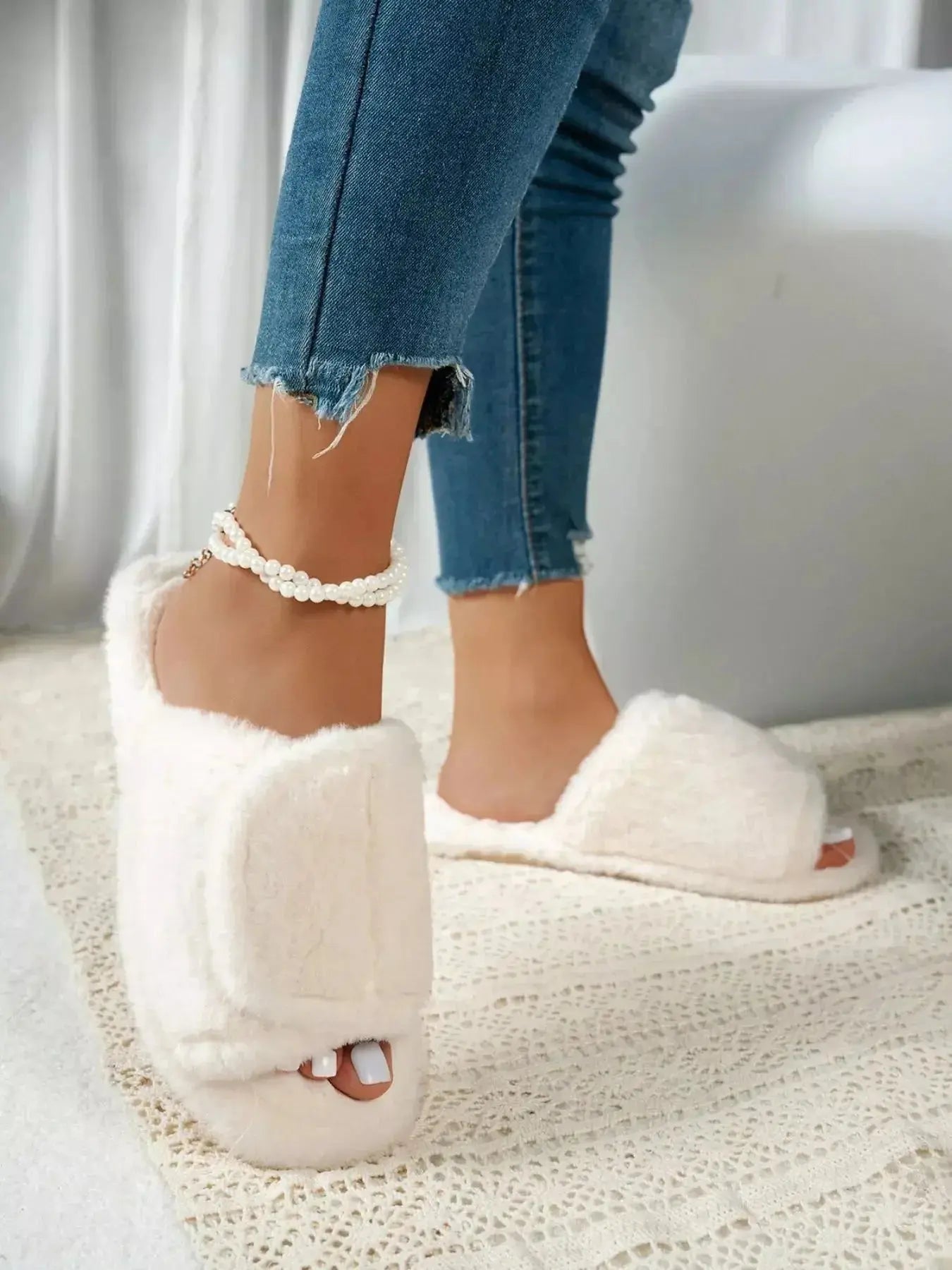 Soft plush fuzzy open-toe slippers with rubber sole, indoor flats from Plush Fashion Hub, cozy and comfortable footwear.