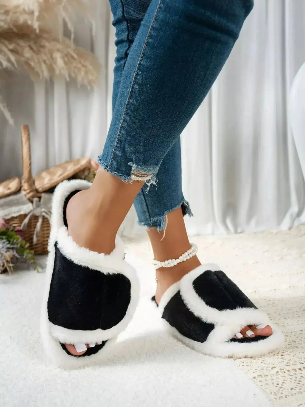 Fuzzy open-toe plush slippers by Plush Fashion Hub with soft interior and rubber sole for indoor comfort.