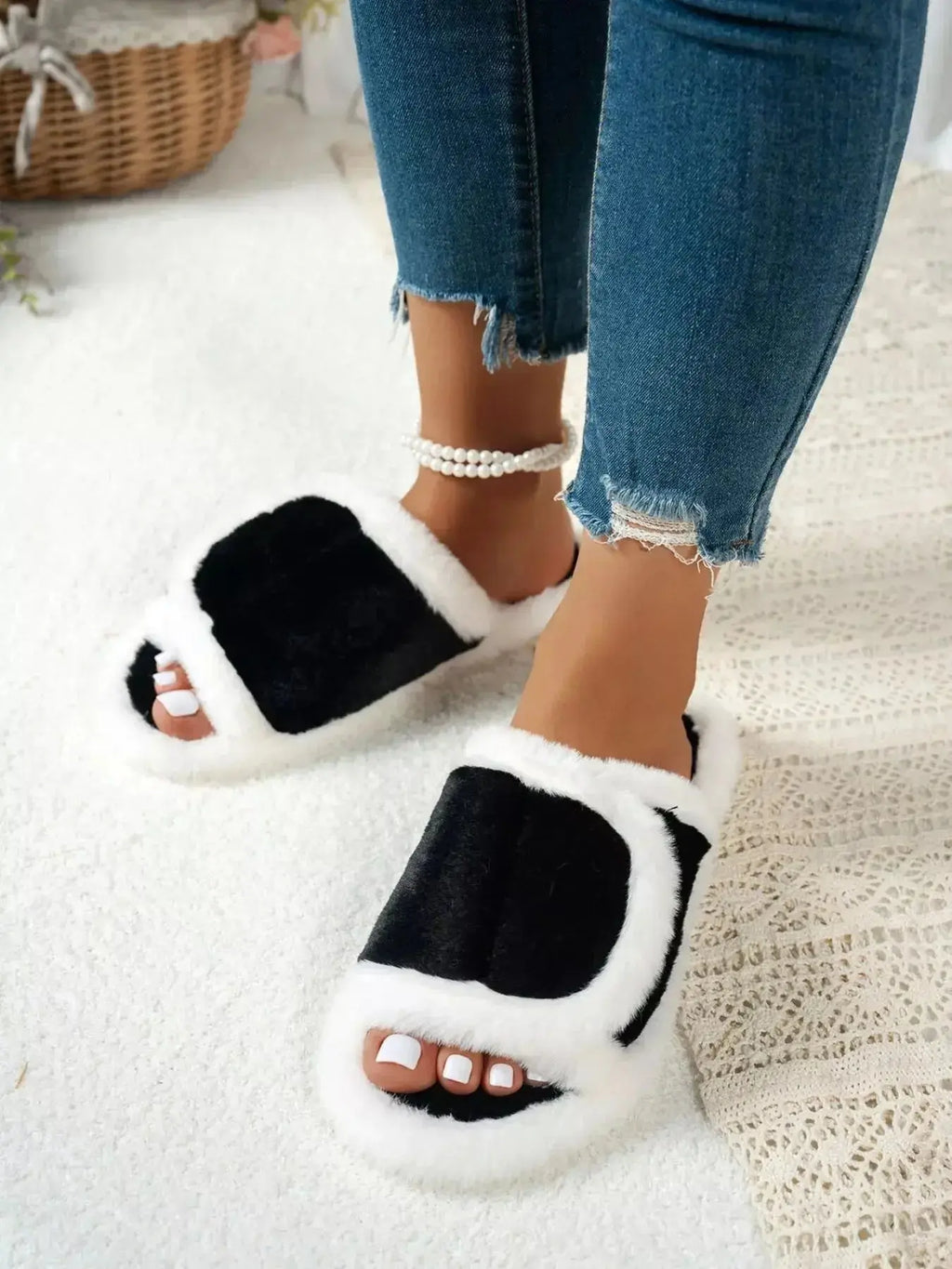 Soft plush fuzzy open-toe slippers with rubber soles from Plush Fashion Hub, perfect for cozy indoor comfort.