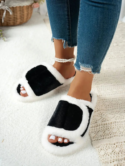 Fuzzy Open Toe Flats Slippers - Plush Fashion Hub