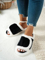 Soft plush fuzzy open-toe slippers with rubber soles from Plush Fashion Hub, ideal for cozy indoor wear.