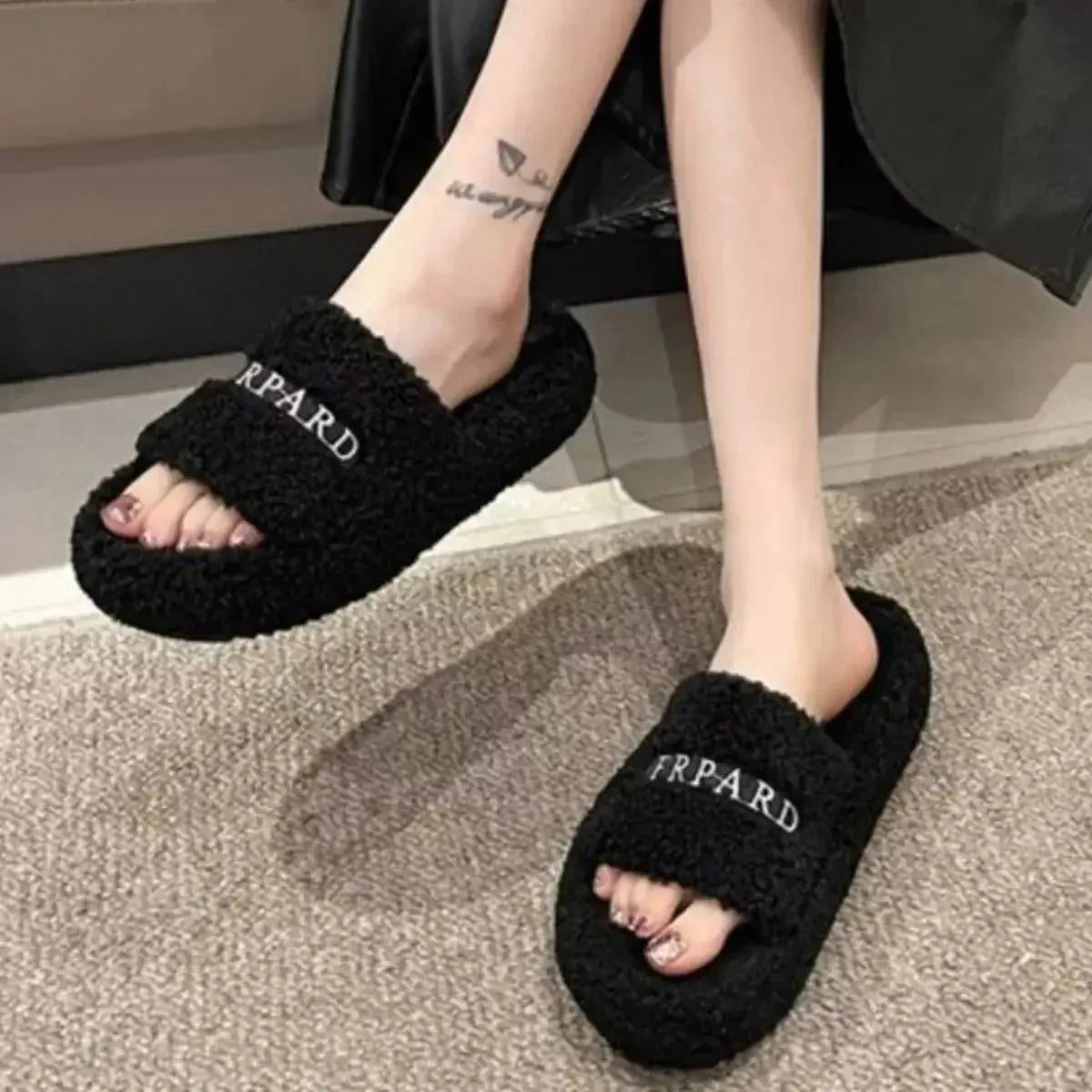 Ultra soft fuzzy open toe faux fur slippers for women by Plush Fashion Hub, showing cozy plush interior and stylish open toe design.