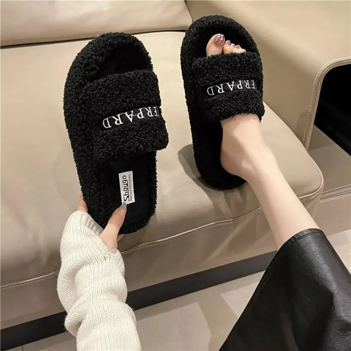 Fuzzy Plush Open Toe Slippers - Plush Fashion Hub