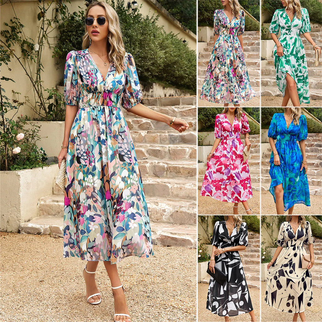 Women’s summer floral V-neck dress by Dukun Design featuring a flowing fabric and vibrant floral pattern.
