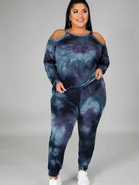 Plus size women's off-shoulder tie-dye casual suit, trendy plus size women's outfit with relaxed fit and stylish design.
