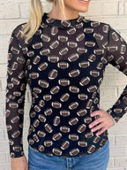 Black sheer mesh long sleeve top by Plush Fashion Hub, breathable stretch fit, perfect for layering and game day outfits.