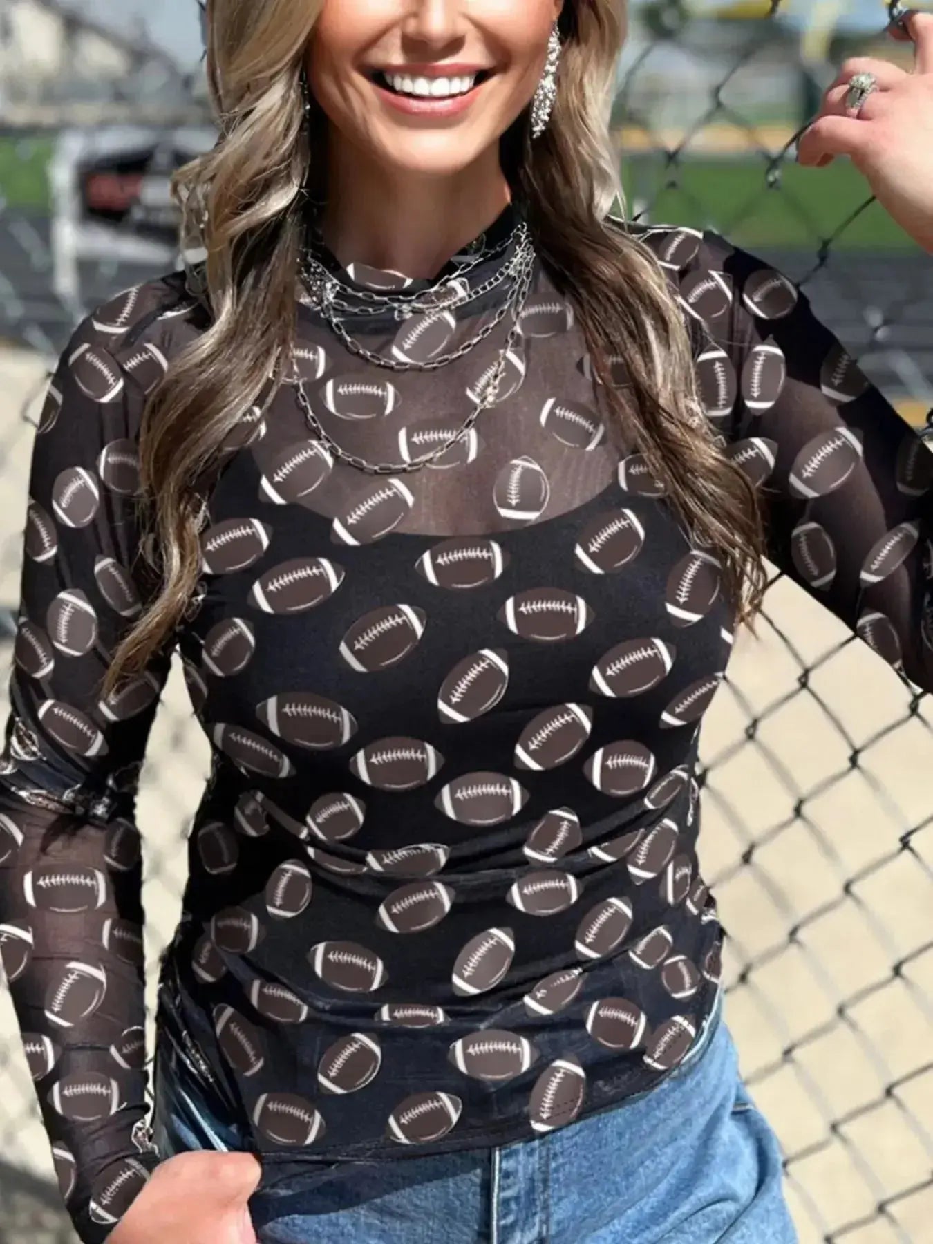 Plush Fashion Hub Game Day sheer mesh long sleeve top, breathable stretch fit for layering and stylish game day apparel.