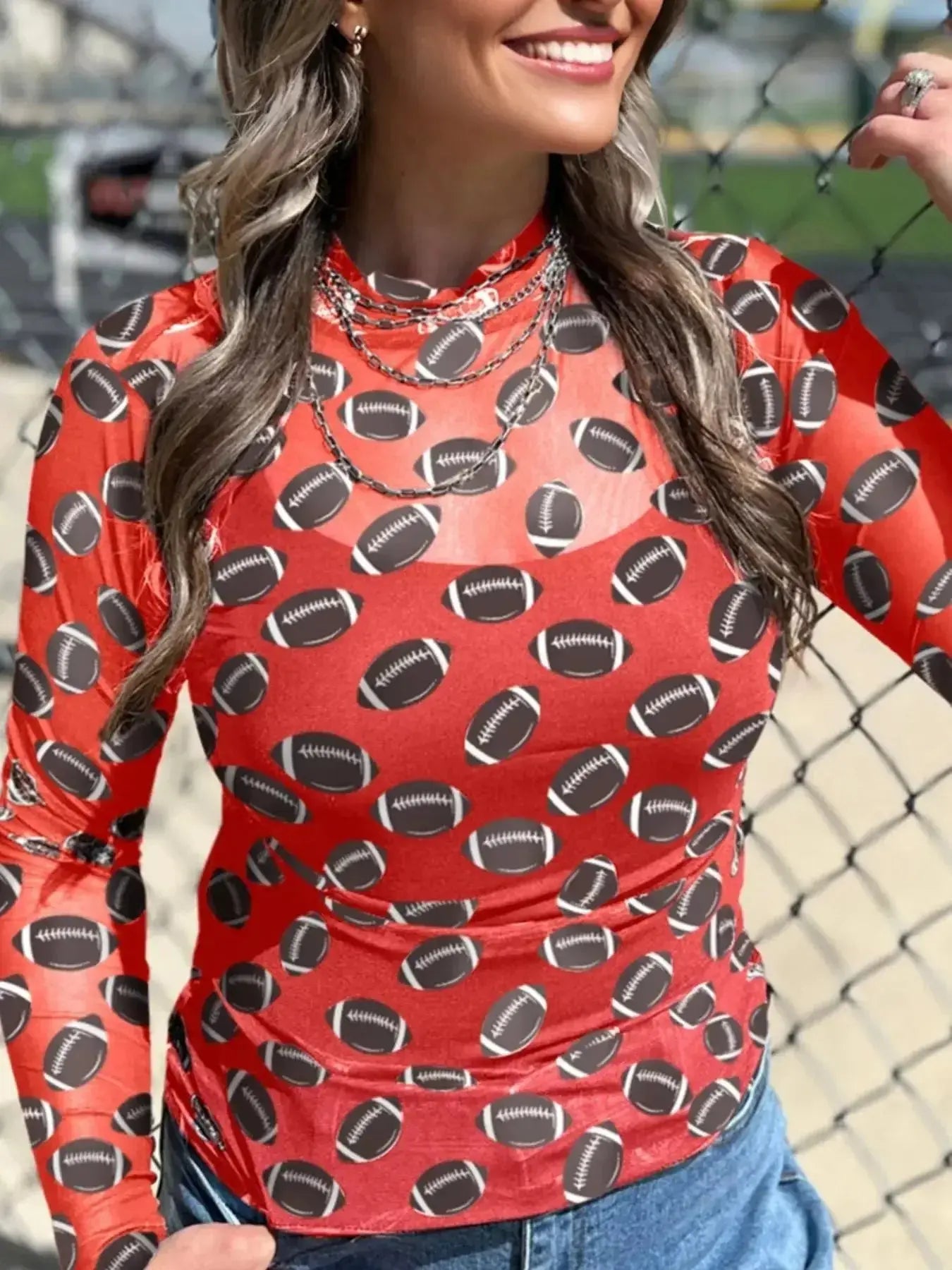 Plush Fashion Hub Game Day sheer mesh long sleeve top, breathable stretch fit, perfect for layering or casual wear.