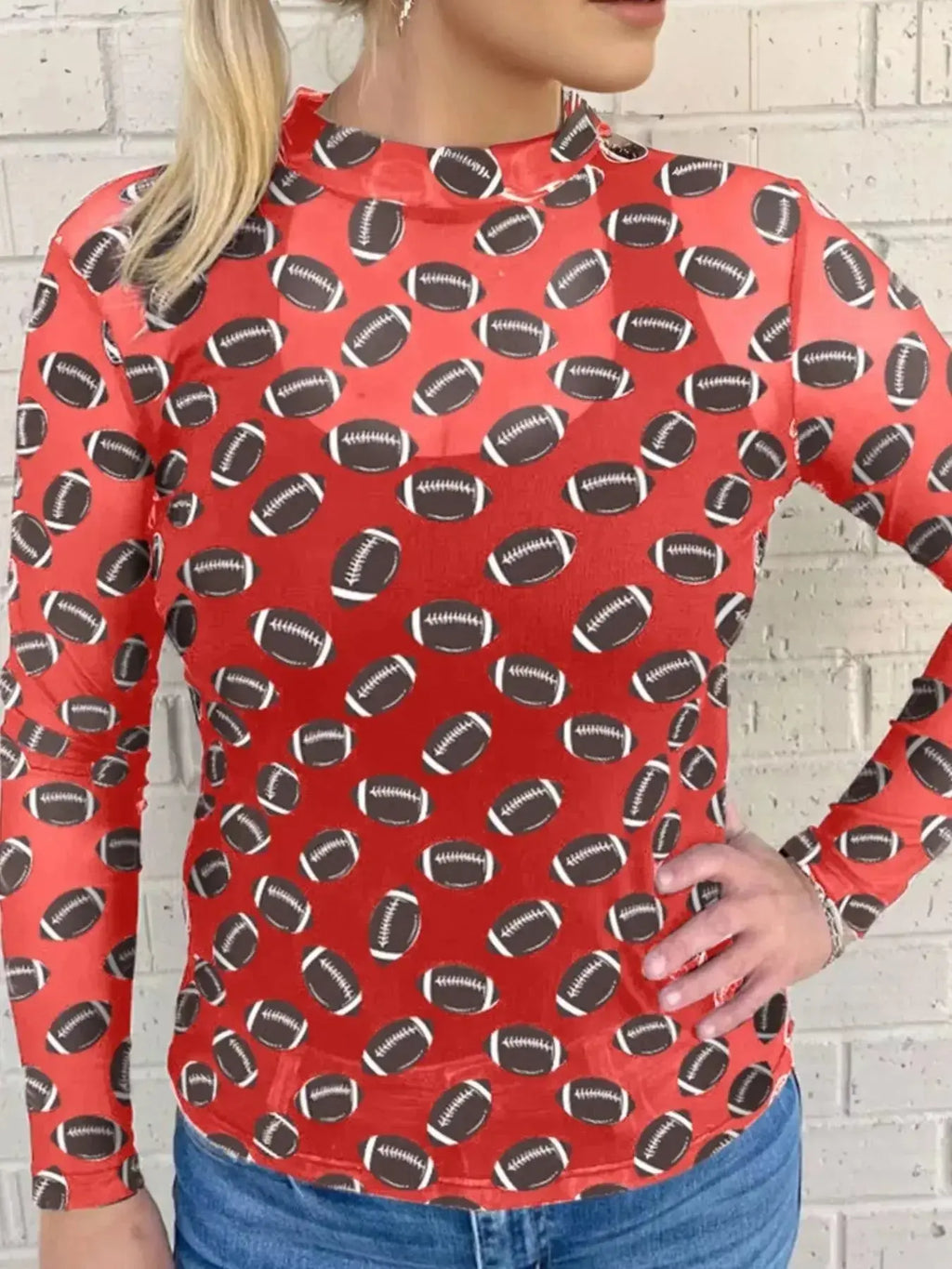 Plush Fashion Hub game day sheer mesh long sleeve top with breathable stretch fit, perfect for layering and stylish wear.