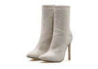 Women rhinestone high heel boots with pointed toe, stylish Trendy Attic Store01 footwear showcasing sparkling embellishments and sleek design.