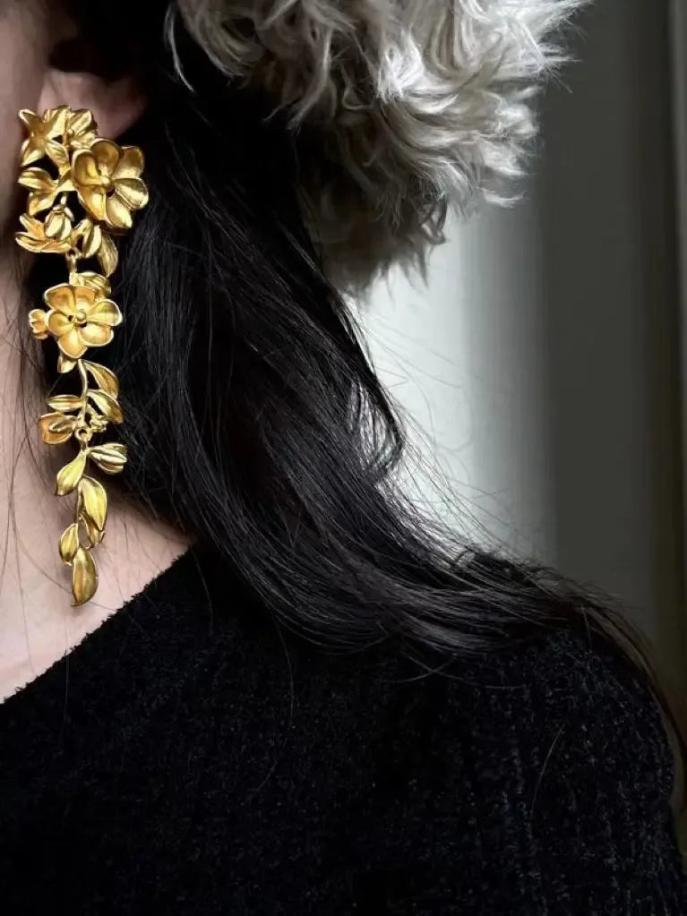 Gold Flower Long Leaf Earrings - Plush Fashion Hub