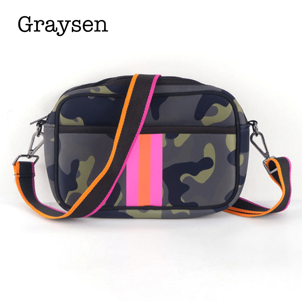 Gray neoprene crossbody bag from Threaded Pear featuring a sleek strap and minimalist design.