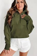 Green ribbed zip stand-collar sweatshirt for women with thumbhole sleeves, by Gilded Glamour Shop.