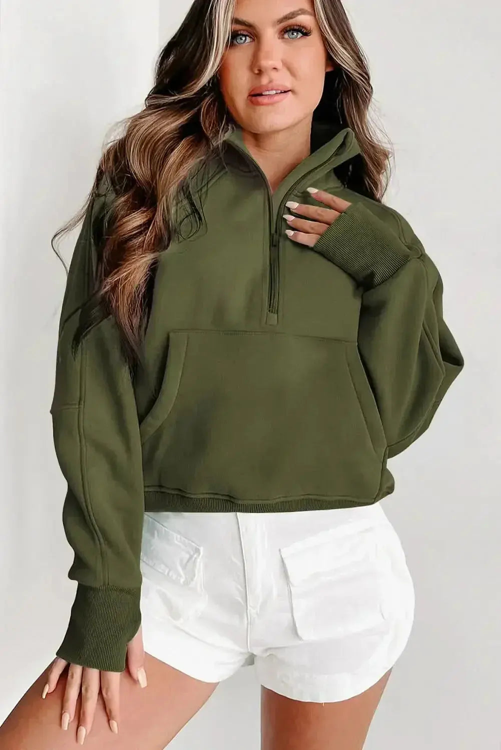 Green ribbed zip stand-collar sweatshirt for women with thumbhole sleeves, by Gilded Glamour Shop.