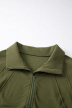 Green ribbed zip stand-collar sweatshirt for women with thumbhole sleeves, by Gilded Glamour Shop, casual and stylish.