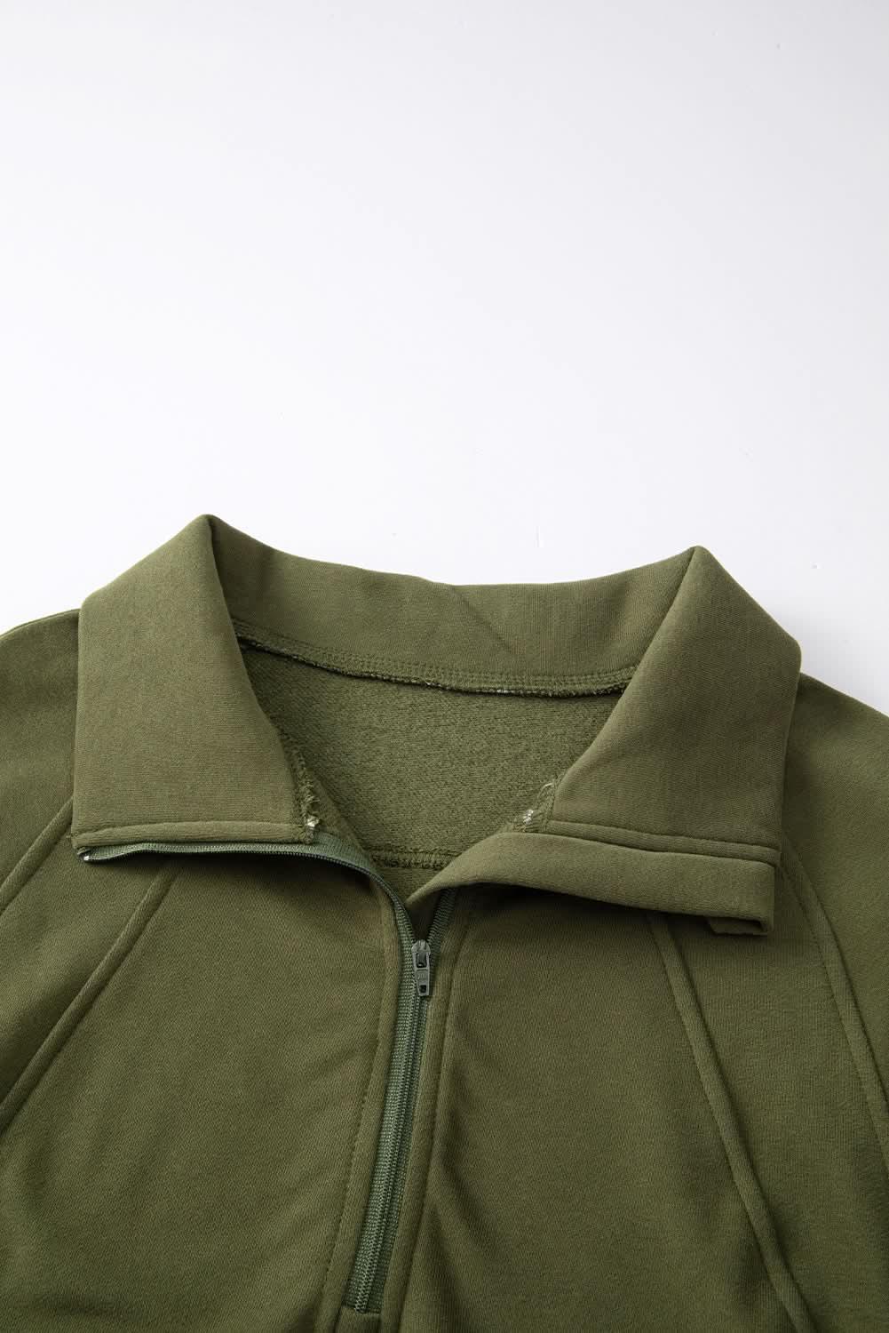 Green ribbed zip stand-collar sweatshirt for women with thumbhole sleeves, by Gilded Glamour Shop, casual and stylish.