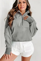 Green ribbed zip stand-collar sweatshirt for women with thumbhole sleeves, by Gilded Glamour Shop, casual and stylish.