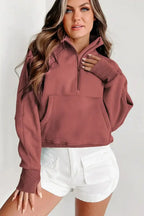 Green ribbed zip stand-collar sweatshirt for women with thumbhole sleeves, by Gilded Glamour Shop.