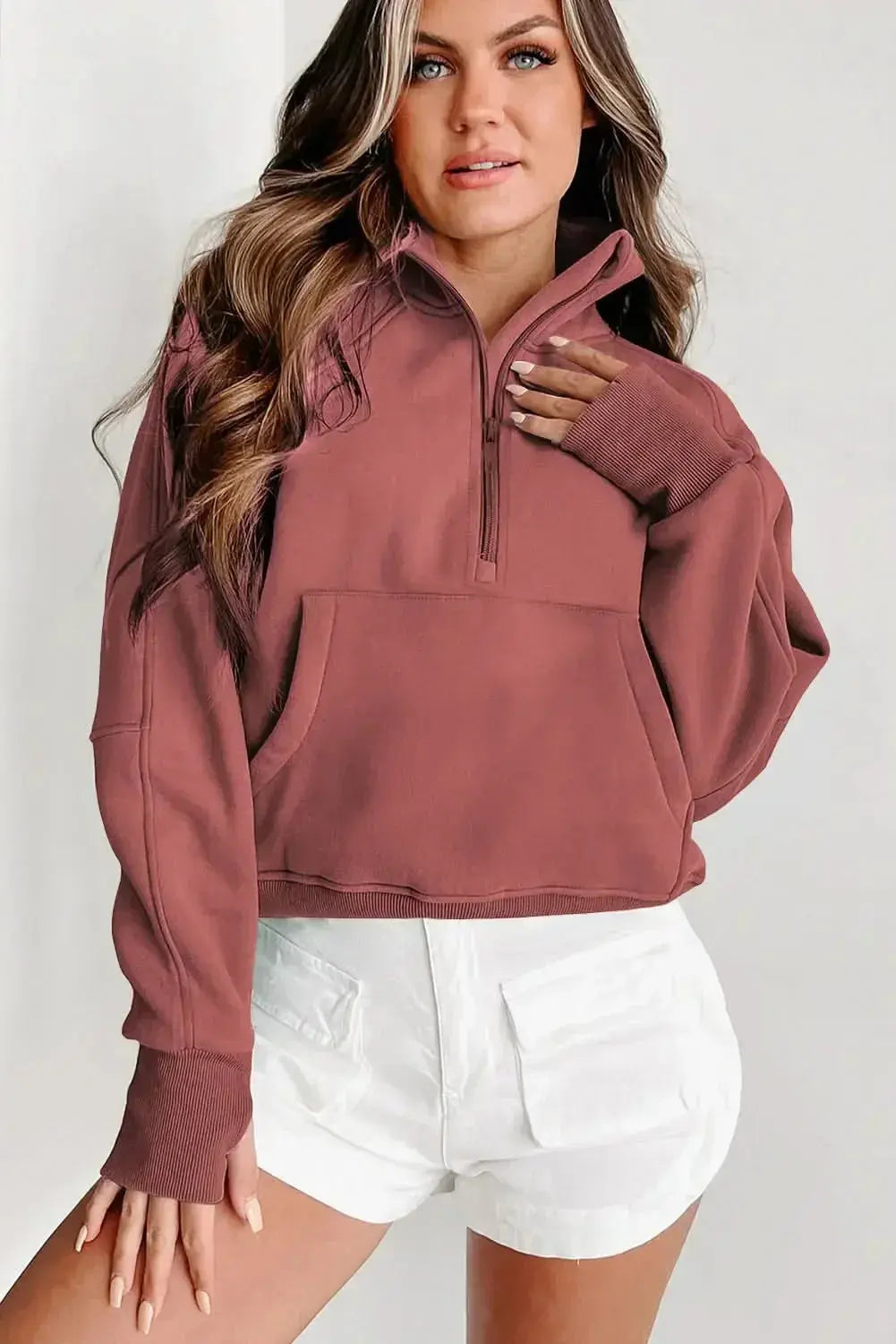 Green ribbed zip stand-collar sweatshirt for women with thumbhole sleeves, by Gilded Glamour Shop.