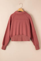 Green ribbed zip sweatshirt with stand collar and thumbhole sleeves, stylish women's hoodie by Gilded Glamour Shop.