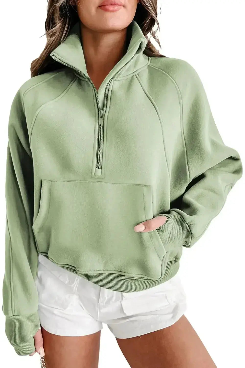 Green ribbed zip stand-collar sweatshirt for women with thumbhole sleeves, by Gilded Glamour Shop.