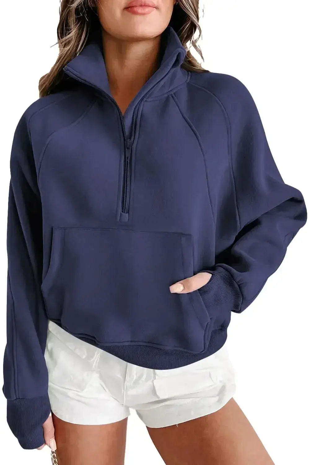 Green ribbed zip sweatshirt for women with stand collar and thumbhole sleeves, by Gilded Glamour Shop.