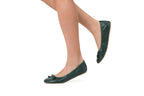 Green Talaria Flats footwear featuring premium evergreen-colored flats with a sleek, comfortable design and stylish appearance.