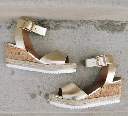 Women's wedge heel sandals with buckle detail, stylish and comfortable footwear by Trendy Attic Store01.