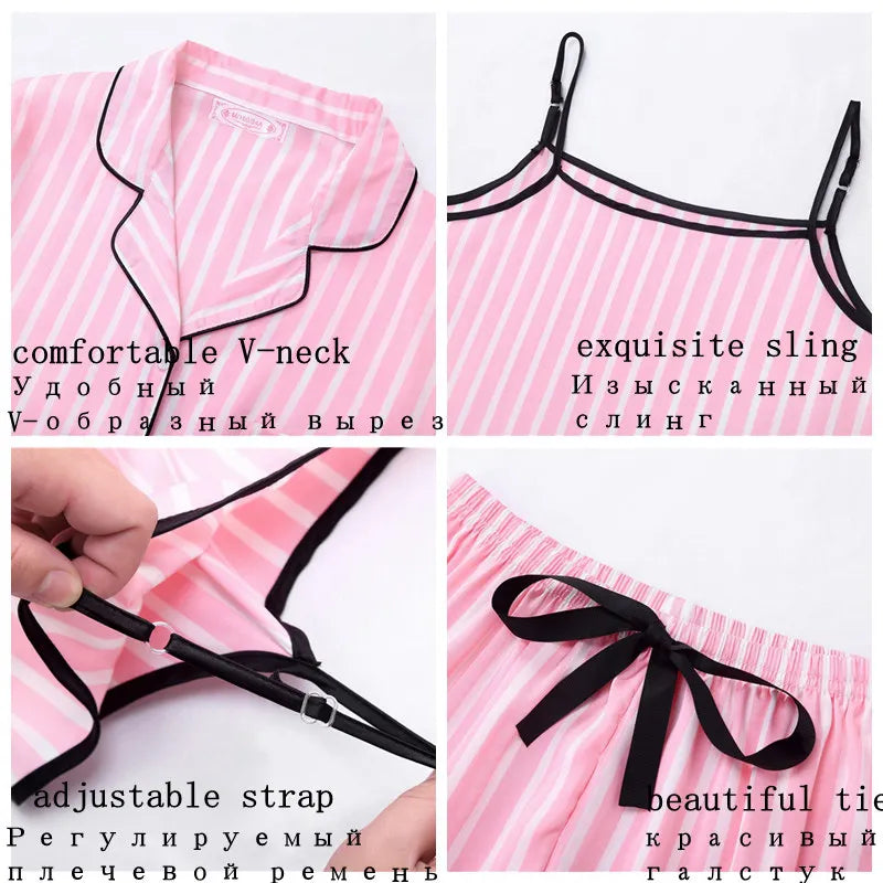 eprolo July's Song pink women's 7-piece pajamas set with faux silk striped fabric, ideal for sleepwear and homewear in spring and summer