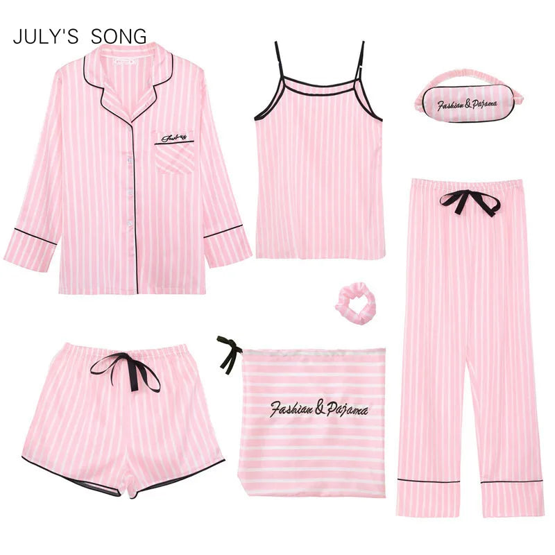 Eprolo July's Song pink women's 7-piece faux silk striped pajamas set, comfortable sleepwear for spring, summer, and fall.