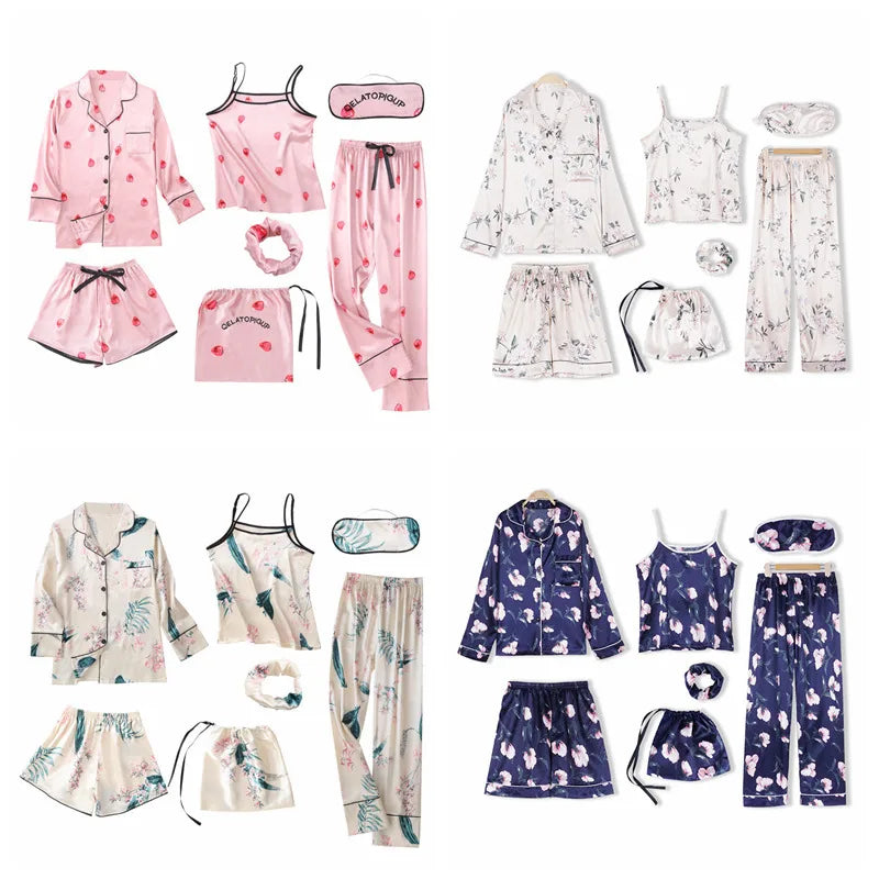 Eprolo July's Song pink women's 7-piece pajama set with faux silk striped fabric, ideal for spring and summer sleepwear.
