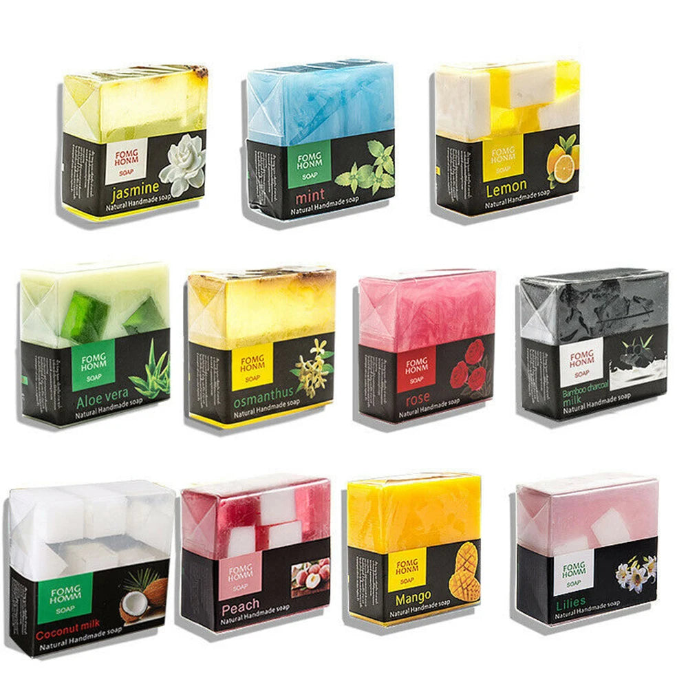 Ten bars of colorful, wrapped natural handmade soap in scents like jasmine, mint, lemon, aloe vera, and coconut milk.