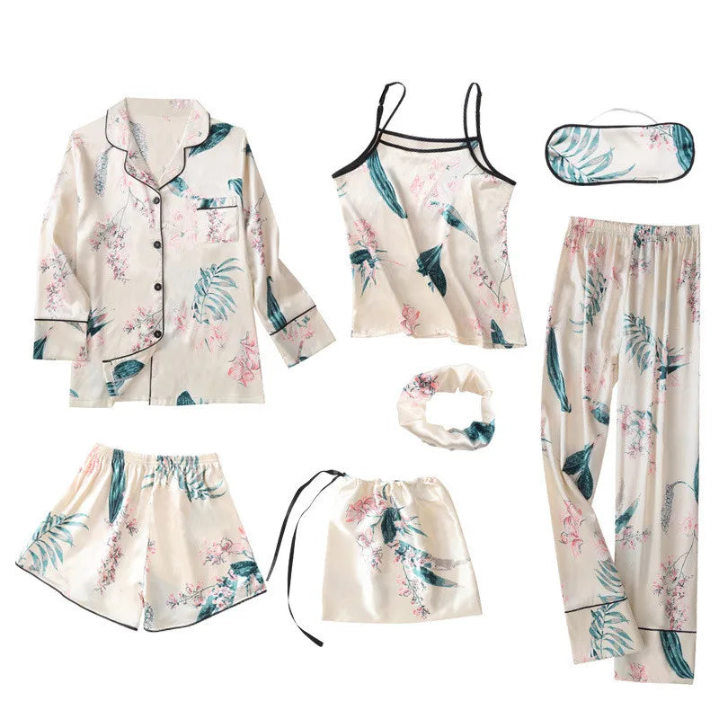 Eprolo July's Song pink women's 7-piece faux silk striped pajamas set with sleepwear for spring, summer, and autumn comfort.